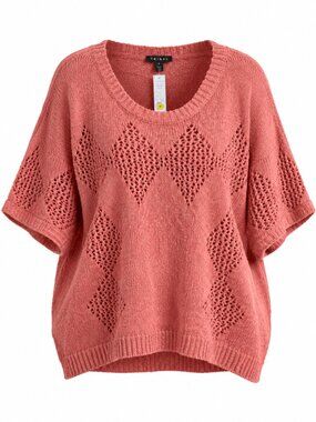 Tribal Golden Tropics Muted Clay Cotton Pointelle Sweater Plus Size 1X